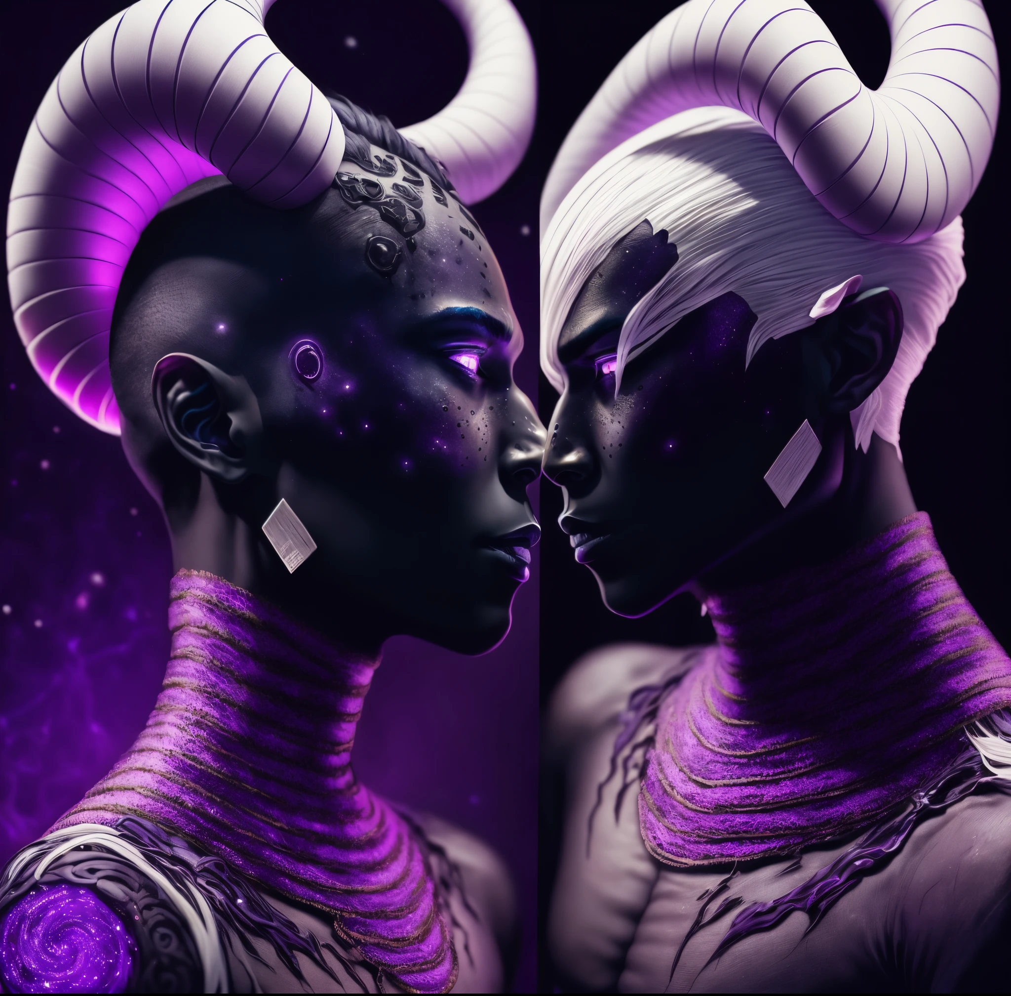 Male, obsidian black skin, pure white hair, purple eyes, spiral horns
