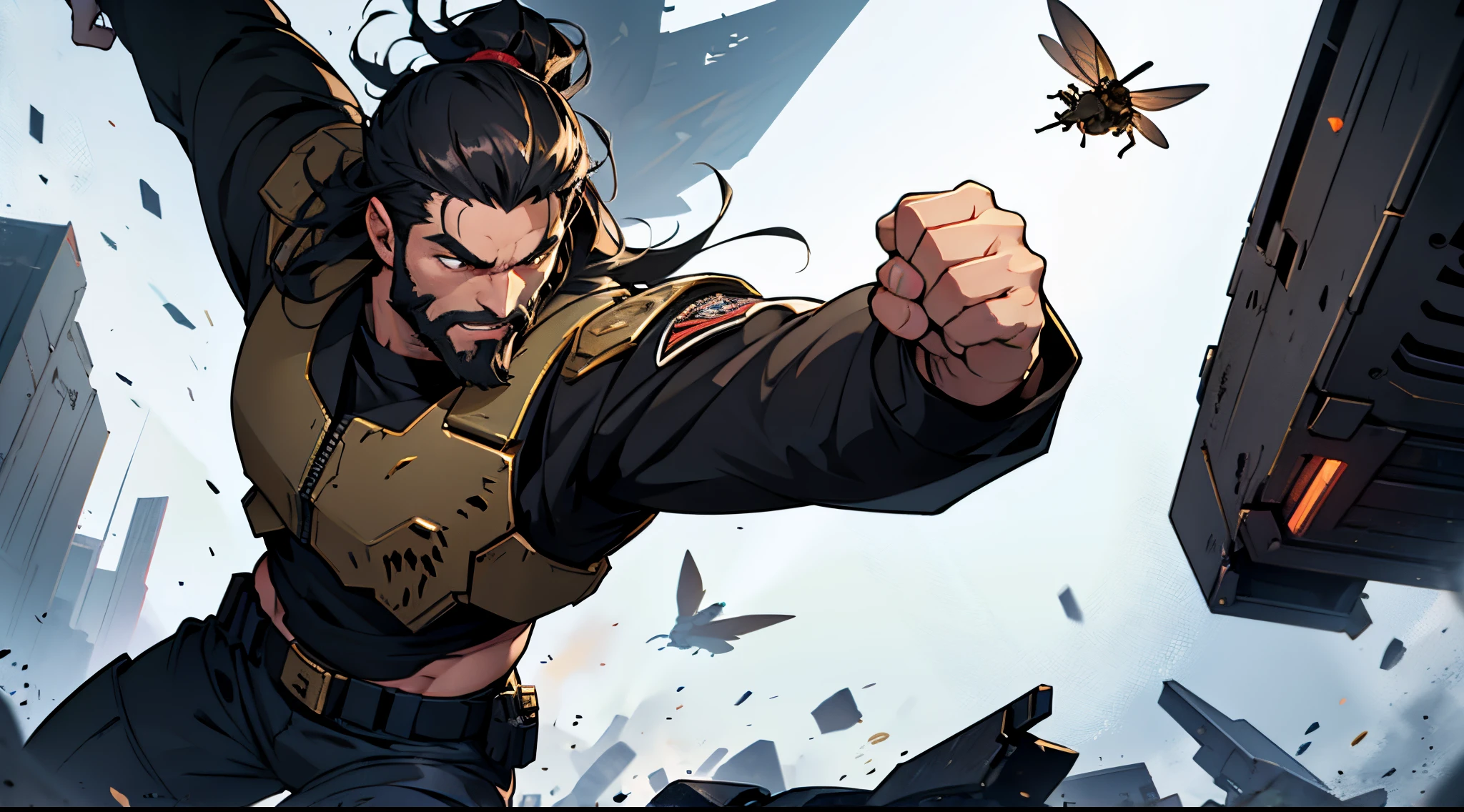 1 Man solo, solo.he has a short black beard and he has black flowing hair. punching a giant insect (Helldivers)
