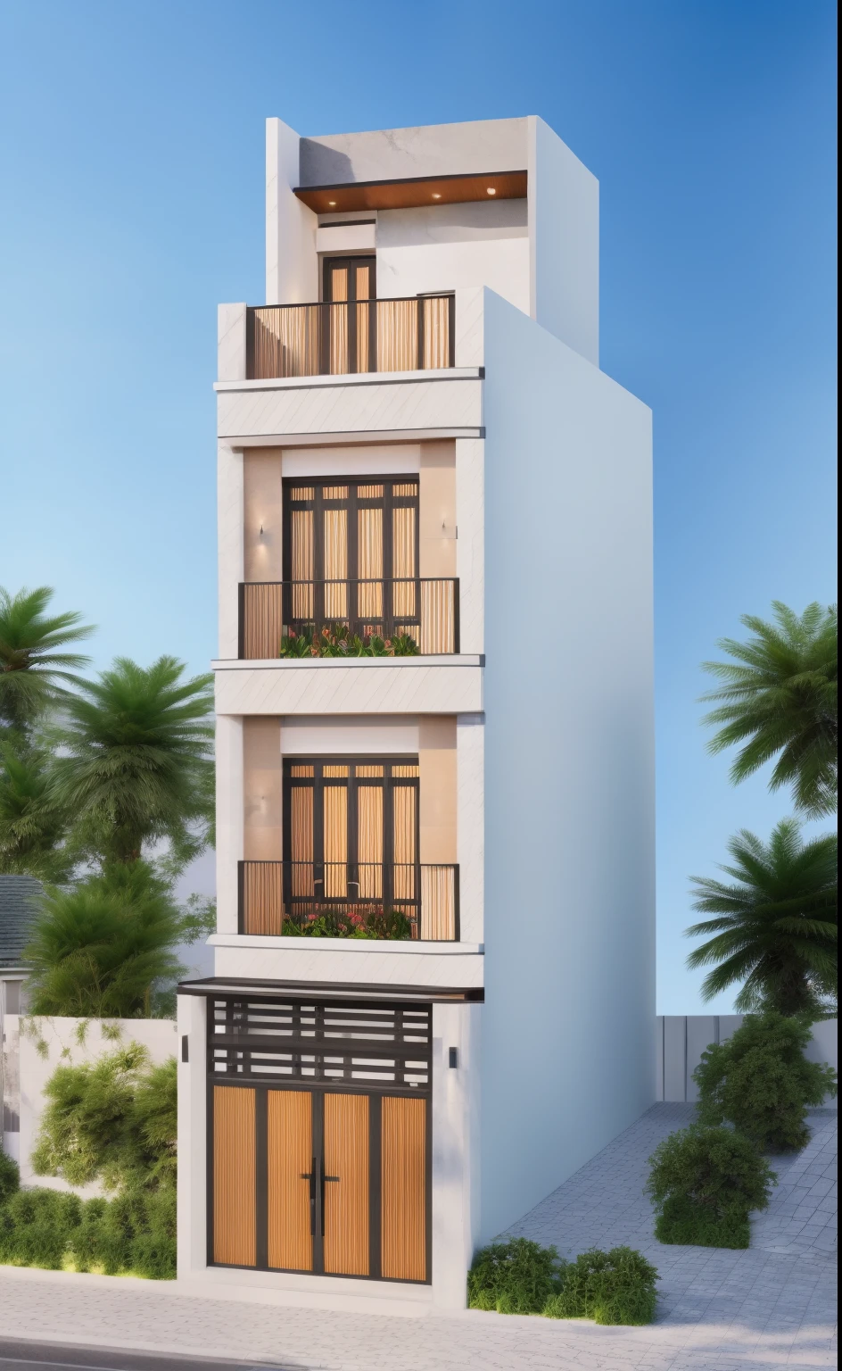 Realistic images, extremely detailed, a modern house,(((1 road in font of house))), large yard made by ceramic, (1 car), brick fence, lawn, a few small flowers, a road in front of the house, main materials of the house are white walls and red brick, Modern design, clear blue sky, sunrise light, light from inside, dynamic light,shimering light, cinematic light, romantic feeling, (((day light, warm light)))