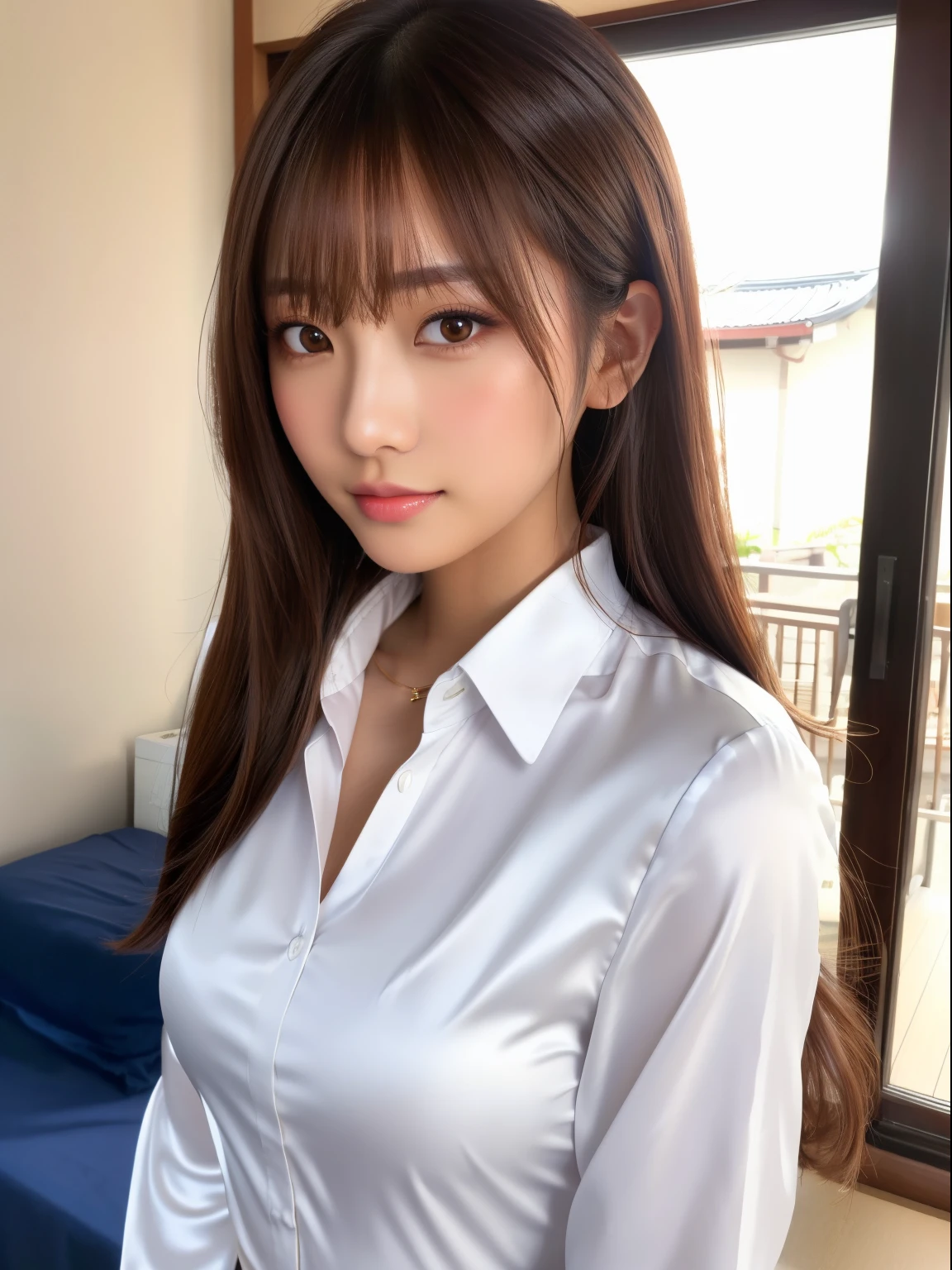 top-quality, upperbody shot, Front view, 1girl in, a Japanese young pretty woman, bobhair, hyper pretty face, Glamorous, i'I'm wearing a white satin silk long sleeve shirt., Her room, Glossy lips, double eyelids for both eyes, Natural makeup, long eyelashes, shiny smooth light brown hair, asymmetrical bangs, Tanned skin, central image, hight resolution, high detailing, detailed hairstyle, Detailed face, 电影灯光, Hyper realistic, perfect bodies,