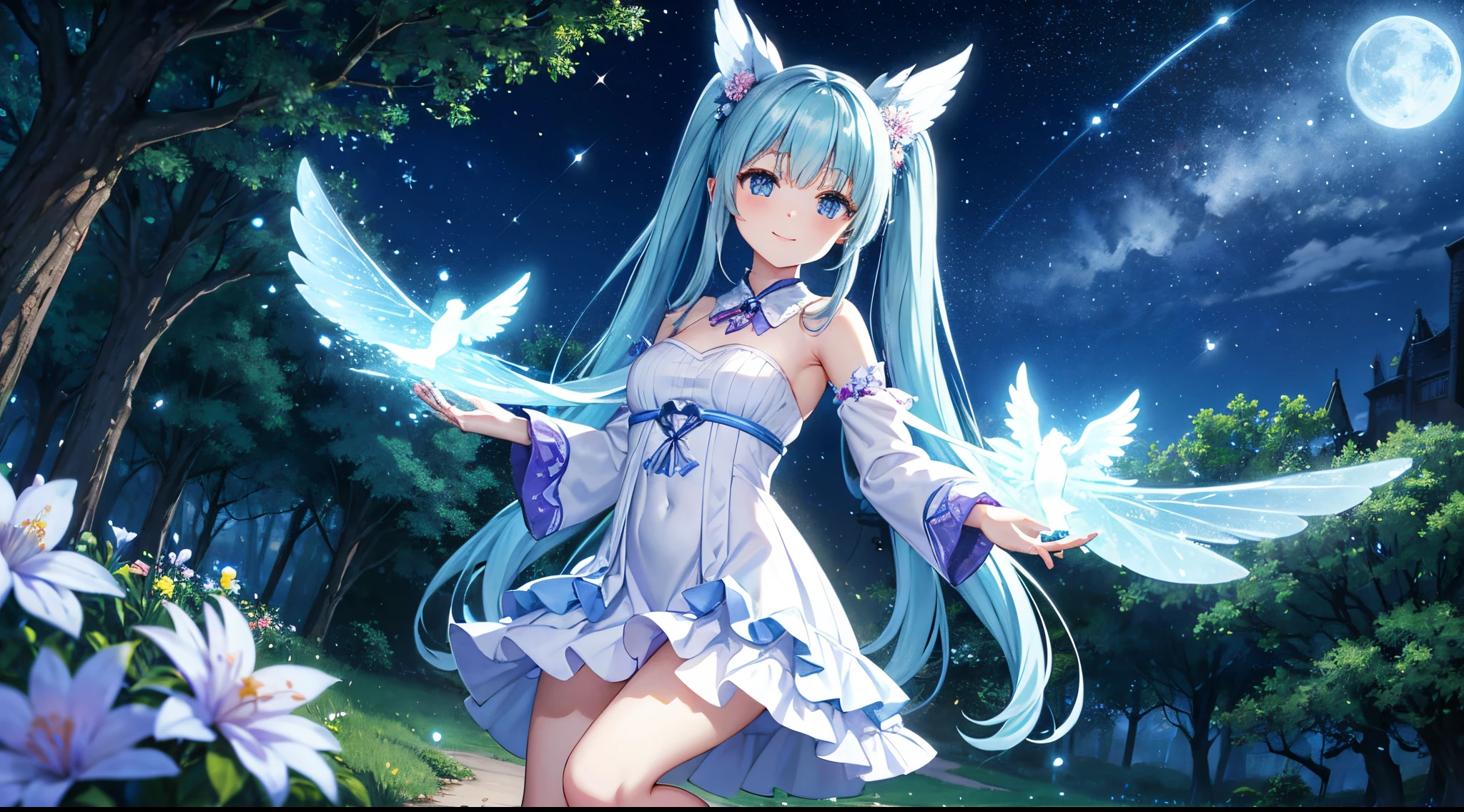 Dynamic Angle、 within a magical forest, a mystical fairy girl emerges, Light blue long hair、Hairstyle is Twintails、adorable smiling、Moonlight twinkle, flower bloom、A big pure white owl is flying、、The tree々While flapping its wings in the sparkling fireflies, Many beautiful flowers are blooming、fantastic landscape、A sky full of stars twinkles、 Creating a field where dreams and reality intersect,