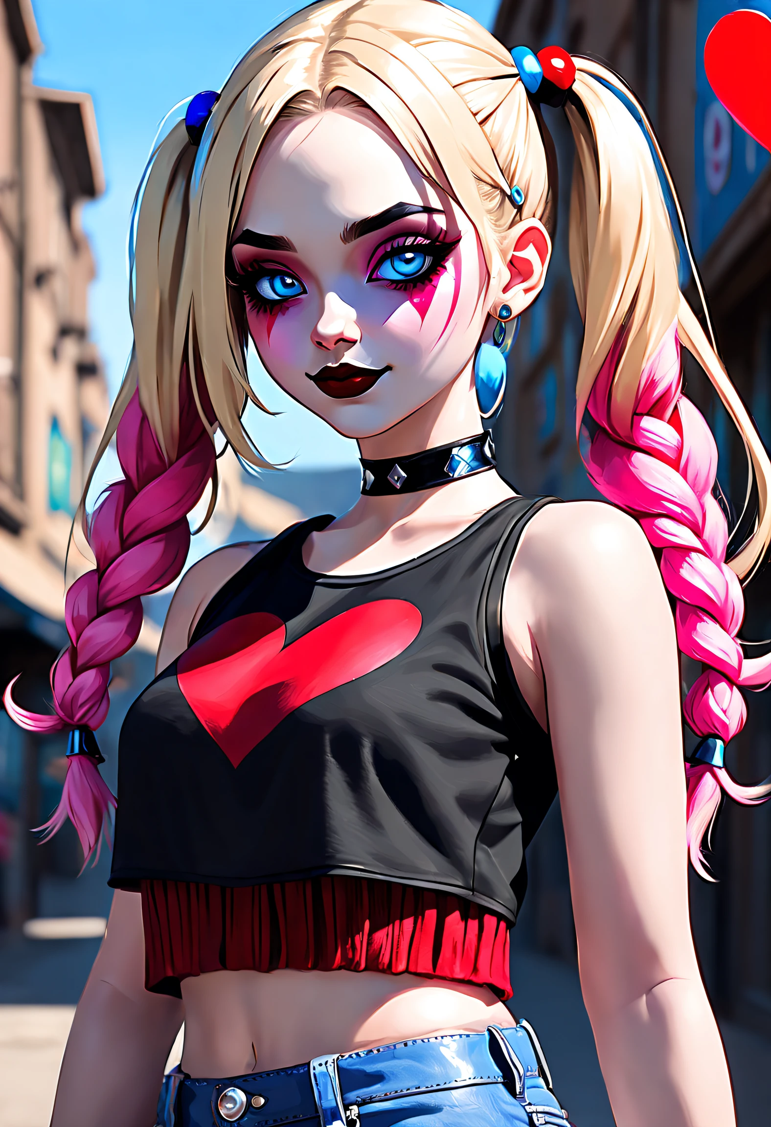 (Harley Quinn, HarleyQuinn:1.0), blonde braids with blue and pink ends, blaue Augen, roter Lippenstift, rosa und blauer Lidschatten, Herz auf der Wange, Rotes und schwarzes Crop-Top-Tanktop, rote und schwarze Unterteile, Turnschuhe mit Bommel, schwarze Halskette, pale white skin, (Cowboy-Schuss:1.2),Neonbeleuchtung, Dunkle romantische Beleuchtung, (Highly detailed:1.2),(detailliertes Gesicht:1.2), (Steigungen), bunt, Detaillierte Augen, (Detaillierte Landschaft:1.2), (natural lightting:1.2),(Detaillierter Hintergrund),Detaillierte Landschaft, (Dynamische Pose:1.2), close up, full entire body, Taille hoch