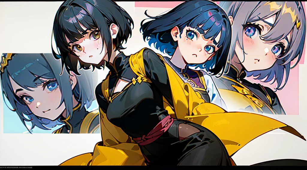((((Folha de design de personagem)))), (((diagrama de caracteres))), Impacto de Ayaka Genshin, ( indiana do anime), menina, different facial expressions, diferentes poses, estilo anime, short hair, cabelos pretos, olhos vermelhos sonhadores, ((saree laranja)), blusa, Usando saree e blusa, diferentes poses, Realistic different angles, 8k, (((Oversize))), Arte no estilo de Guweiz, Guweiz, tou, arte anime de alta qualidade, Hanayamata, Artgerm e Atey Ghailan
