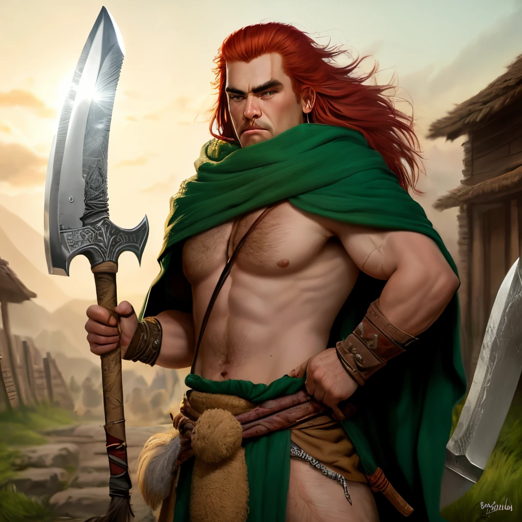 Red haired dwarf, olhos verde de baixa estatura, barbarian with big ax in hands