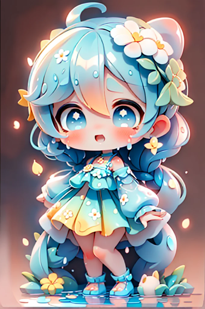fotoRealstic、Doll standing in front of painting(Nendroid)、Water droplets on the cheeks、Cara de canto feliz、Sengai、Pixiv、RococoStyle、dollfie sonho、aquarela Nendoroid、(High Definition Figure)、Seda iridescente fluindo、para cima do rosto、De olho、Bikini swimsuit(with floral pattern)、There are also flowers in front of the Nendroids、flower petals、water dripping、Shot through a glass full of water droplets.、season!!: 夏天☀ 🍂