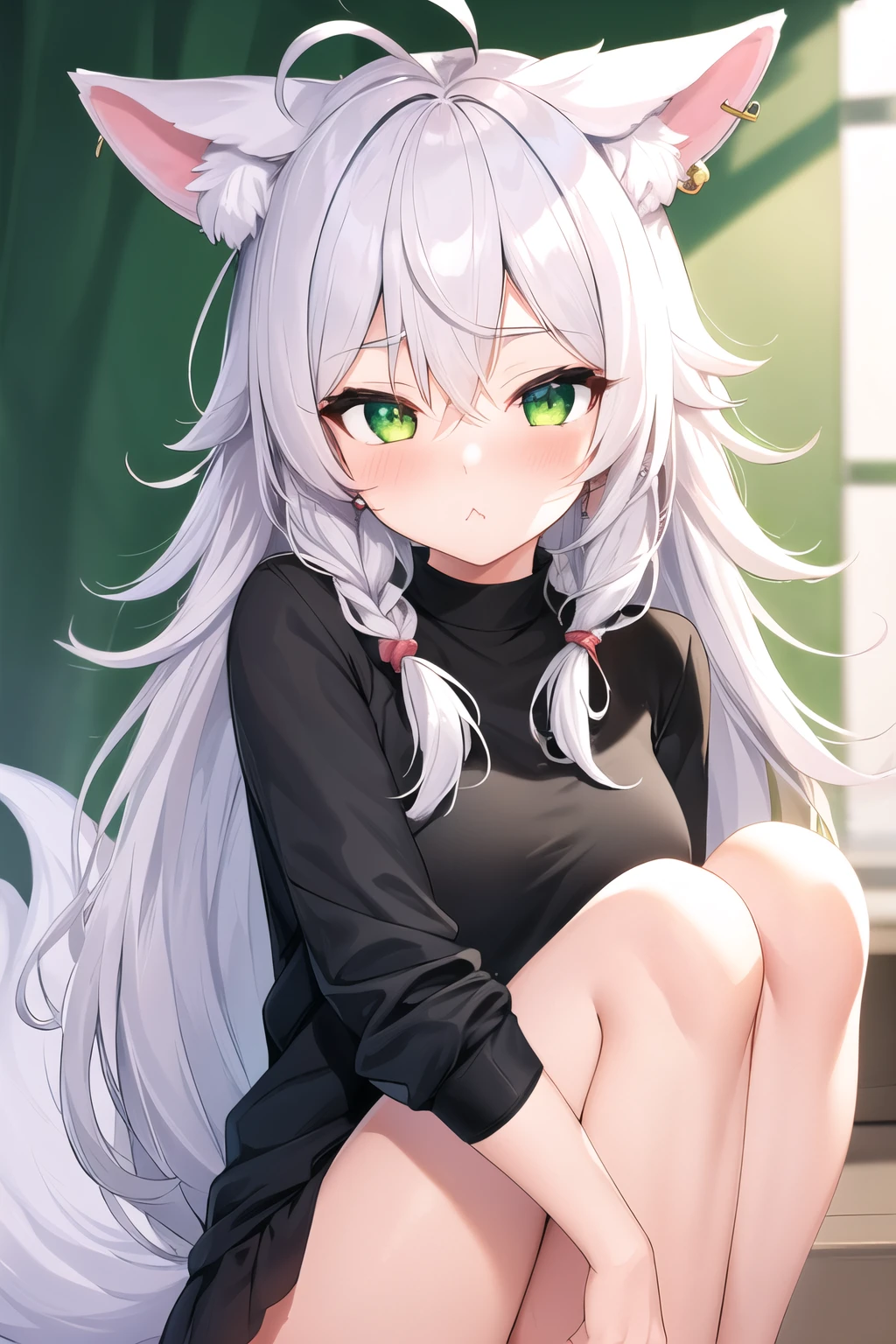 1girl ahoge animal ear fluff animal ears black shirt blush braid earrings extra ears fox ears fox girl fox tail green eyes hair between eyes jewelry (knees up) long hair looking at viewer pout shirt sidelocks single braid solo tail virtual youtuber white hair highres (eyefish vision face focus)