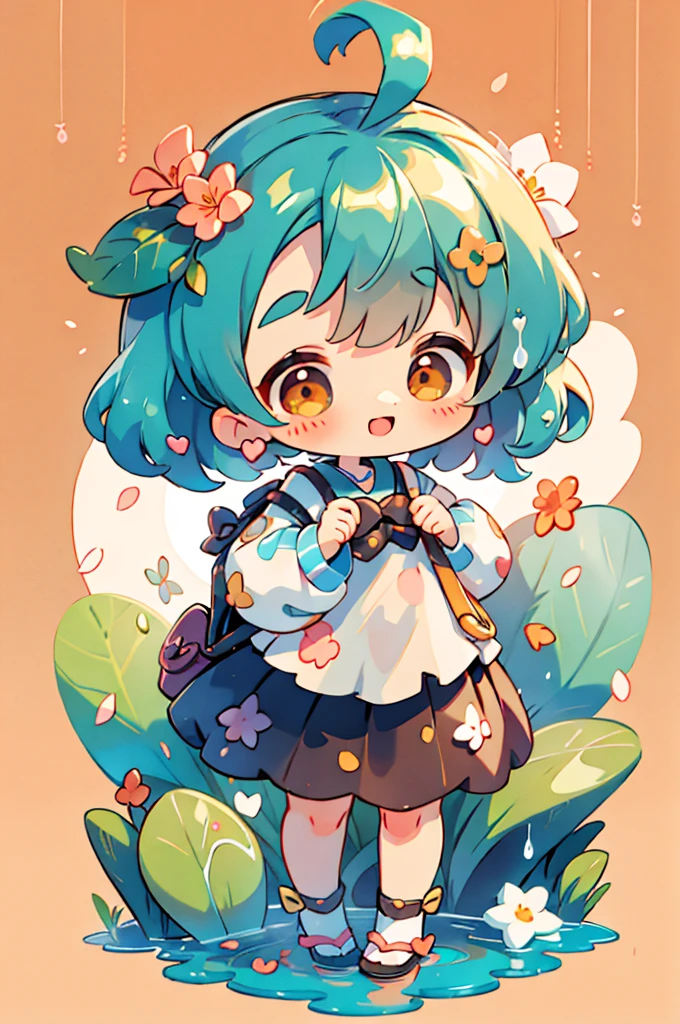 fotoRealstic、Doll standing in front of painting(Nendroid)、um sorriso、Water droplets on the cheeks、em uma pose fofa、aquarela Nendoroid、(High Definition Figure)、Seda iridescente fluindo、para cima do rosto、De olho、Colorcon with heart pattern、vestido floral、Make a heart with both hands、There are also flowers in front of the Nendroids、flower petals、season!!: 夏天☀ 🍂