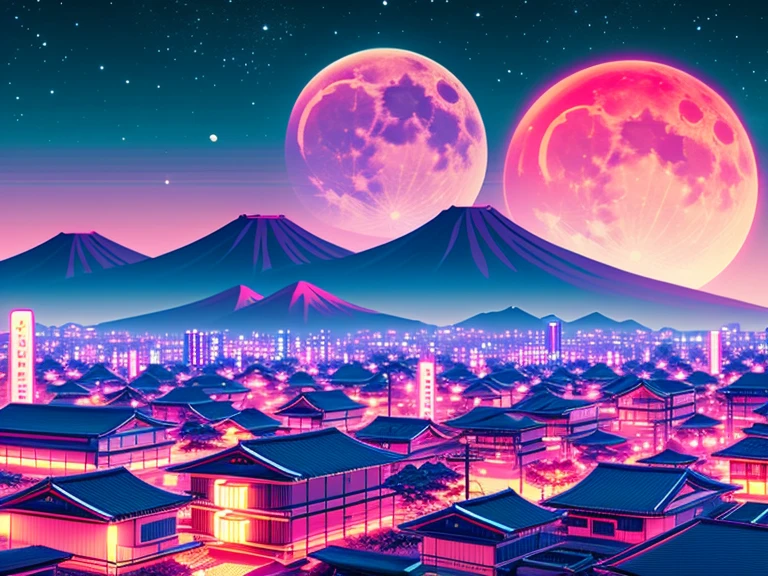 Synthwave japanese town with moon background, sharp focus, 8 k, high details
