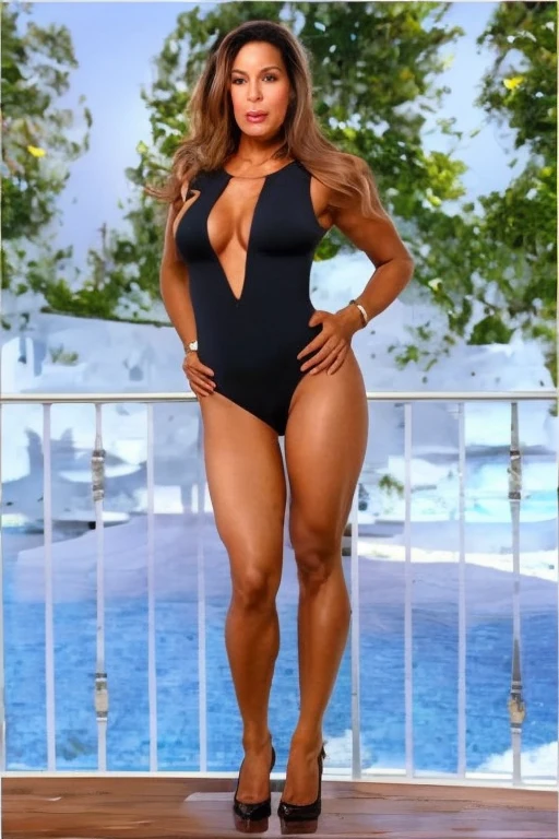 uma mulher com uma roupa preta posando em uma varanda, bodysuit preto apertado, massive legs towering over you, black swimsuit, comprimento de corpo inteiro, Fechar tiro de corpo inteiro, corpo inteiro disparado de perto, mulheres de corpo inteiro, tiro de corpo inteiro, Close-up de corpo inteiro, tiro de corpo inteiro!!, retrato encorpado, ela tem cerca de 6 0 anos