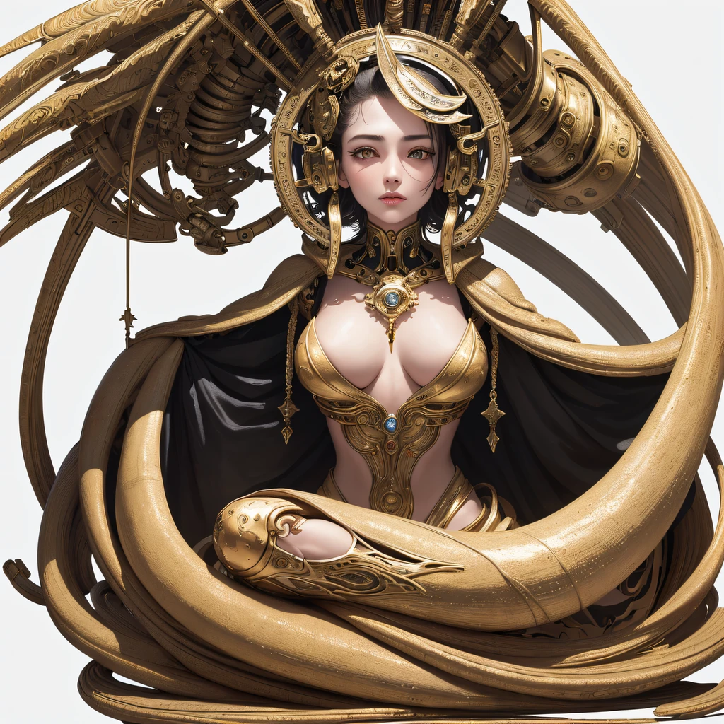 ((:1.1)), (tmasterpiece, top-quality, Best quality at best, offcial art, Beautiful and beautiful:1.2), (1个Giant Breast Girl:1.3), extremely detaile,Colorful,The most detailed ((ultra - detailed)), (Highly detailed CG illustration), ((Extremely Delicately Beautiful)),电影灯光,((1 mechanical girl)),Alone,full bodyesbian,(Machine made joints:1.2),(Mechanical limb),(The blood vessels are connected to the tube),(Mechanical vertebrae attach to the back),((The mechanical cervical vertebrae are attached to the neck)),(sitted),face expressionless,(wires and cables attaching to neck:1.2),(wires and cables on head:1.2),(Character focus),scientific fiction,white backgrounid