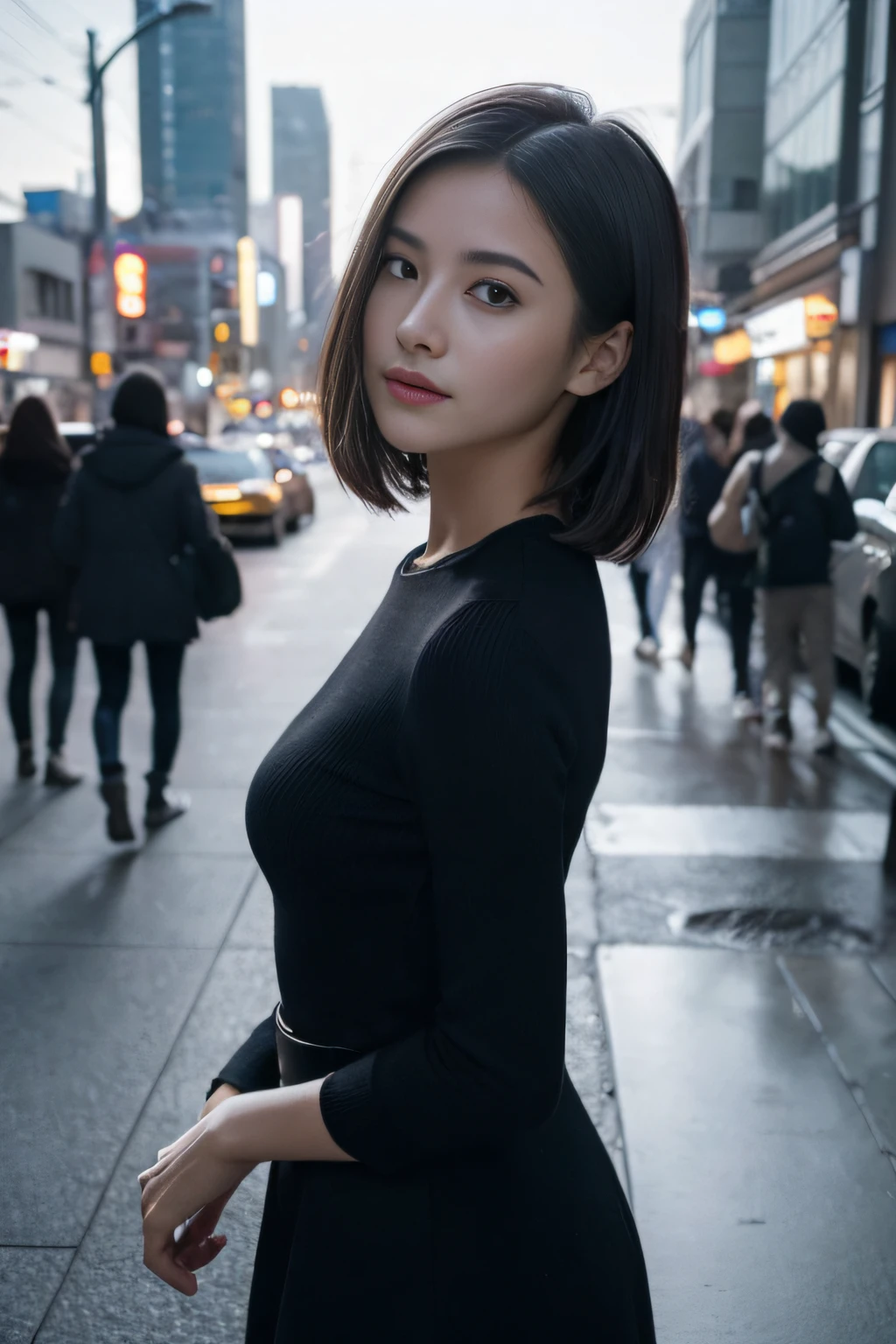 (8K、Raw photography、Top image quality、masterpiece:1.2)、(realisitic、Photorealsitic:1.37)、1girl in、Beautiful and good looking young woman、A dark-haired、bobhair、Black eye、Glossy skin、Film actress、streetview、natta、Sateen、wet、profetional lighting、photon maping、Radio City、Women in Japan、beautiful night scene、(Beautiful limbs、perfect anatomia)、