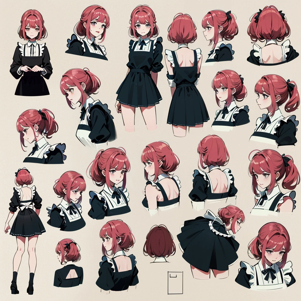 1girl, seios grandes e enormes, sozinho, maid apron, (Consistent character, Mesmo personagem), (cabelo rosa, olhos cor-de-rosa), fundo branco, Center Opening, recorte de clivagem, bareshoulders, sorriso sedutor, ((master part, 8k, best quality, altamente detalhado)), (multiple view, multiple angle), side view, Front view, pesquisar, Olhe para baixo, Back view, 20-degree head-view,