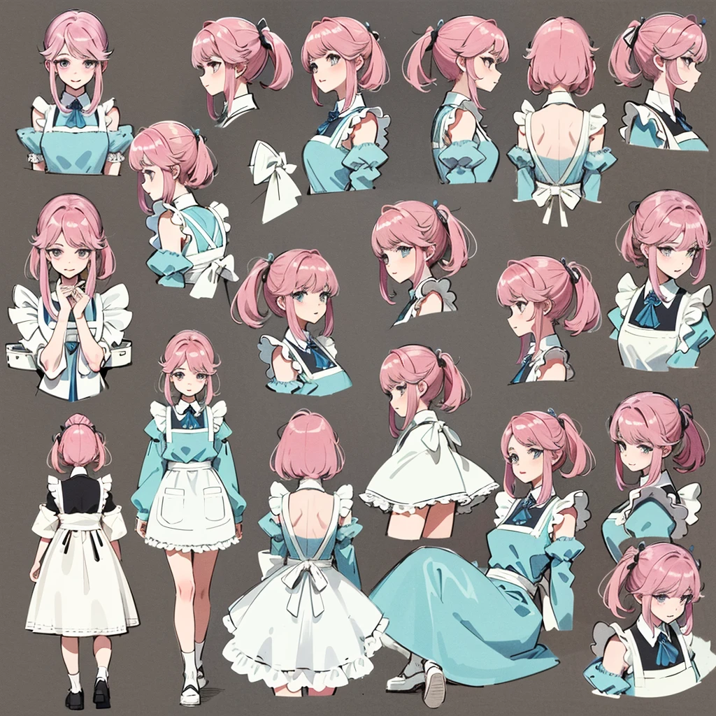 1girl, seios grandes e enormes, sozinho, maid apron, (Consistent character, Mesmo personagem), (cabelo rosa, olhos cor-de-rosa), fundo branco, Center Opening, recorte de clivagem, bareshoulders, sorriso sedutor, ((master part, 8k, best quality, altamente detalhado)), (multiple view, multiple angle), side view, Front view, pesquisar, Olhe para baixo, Back view, 20-degree head-view,