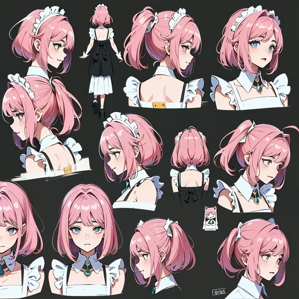 1girl, seios grandes e enormes, sozinho, maid apron, (Consistent character, Mesmo personagem), (cabelo rosa, olhos cor-de-rosa), fundo branco, Center Opening, recorte de clivagem, bareshoulders, sorriso sedutor, ((master part, 8k, best quality, altamente detalhado)), (multiple view, multiple angle), side view, Front view, pesquisar, Olhe para baixo, Back view, 20-degree head-view,