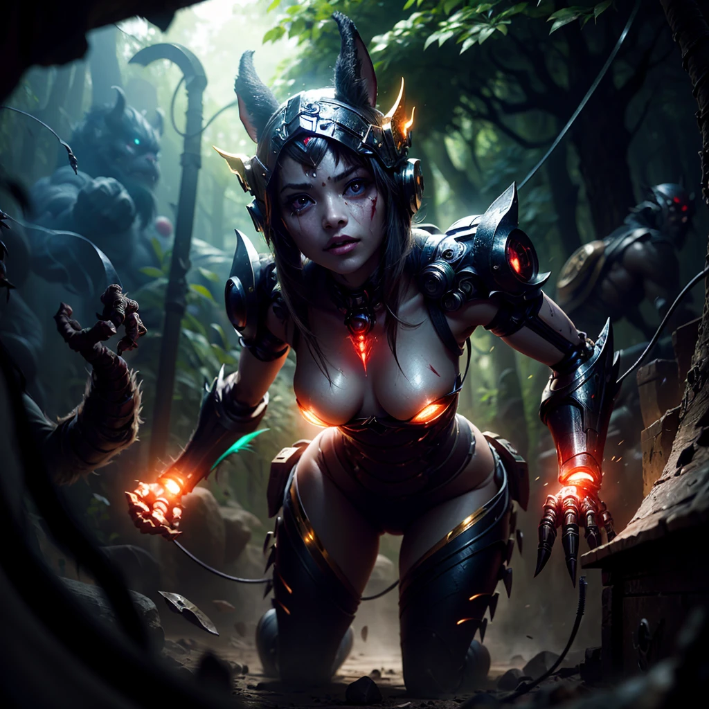 (1 Mechanical Girl)、top-quality、masterpiece、超A high resolution、(Photorealsitic:1.4)、Raw photo、1人、Fight mutants、glowy skin、(((1 Mechanical Girl)))、With a beautiful knife、(Yellow Metal Bodysuit)、(Kobold、ogre、Fierce battle with orcs),(Fight fiercely against aliens)、Fight fiercely、(beautiful forest background)、(Fighting Demonic Beasts)、(Small LED)、((super realistic details))、portlate、(Strong giant demon beast background),globalillumination、Shadow、octan render、8K、ultrasharp、Colossal tits、Raw skin is exposed in cleavage、metals、Details of complex ornaments、Japan details、highly intricate detail、Realistic light、(Mystical expression),CGSoation Trends、Red Eyes、radiant eyes、Facing the camera、neon details、(Mechanical limbs)、(blood vessels connected to tubes)、Mechanical vertebrae attached to the back、mechanical cervical attaching to neck、(Wires and cables connecting to the head)、Gundam、Small LED、,Mechanical thighs、Toostock、(Hands are also made of machines)、(Attack of the Monster Beasts)、(Wounded in a deadly battle)、