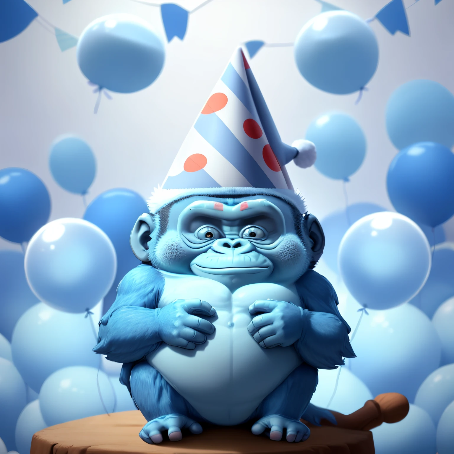 Pixar style. Cute small blue gorilla with a party hat and white background