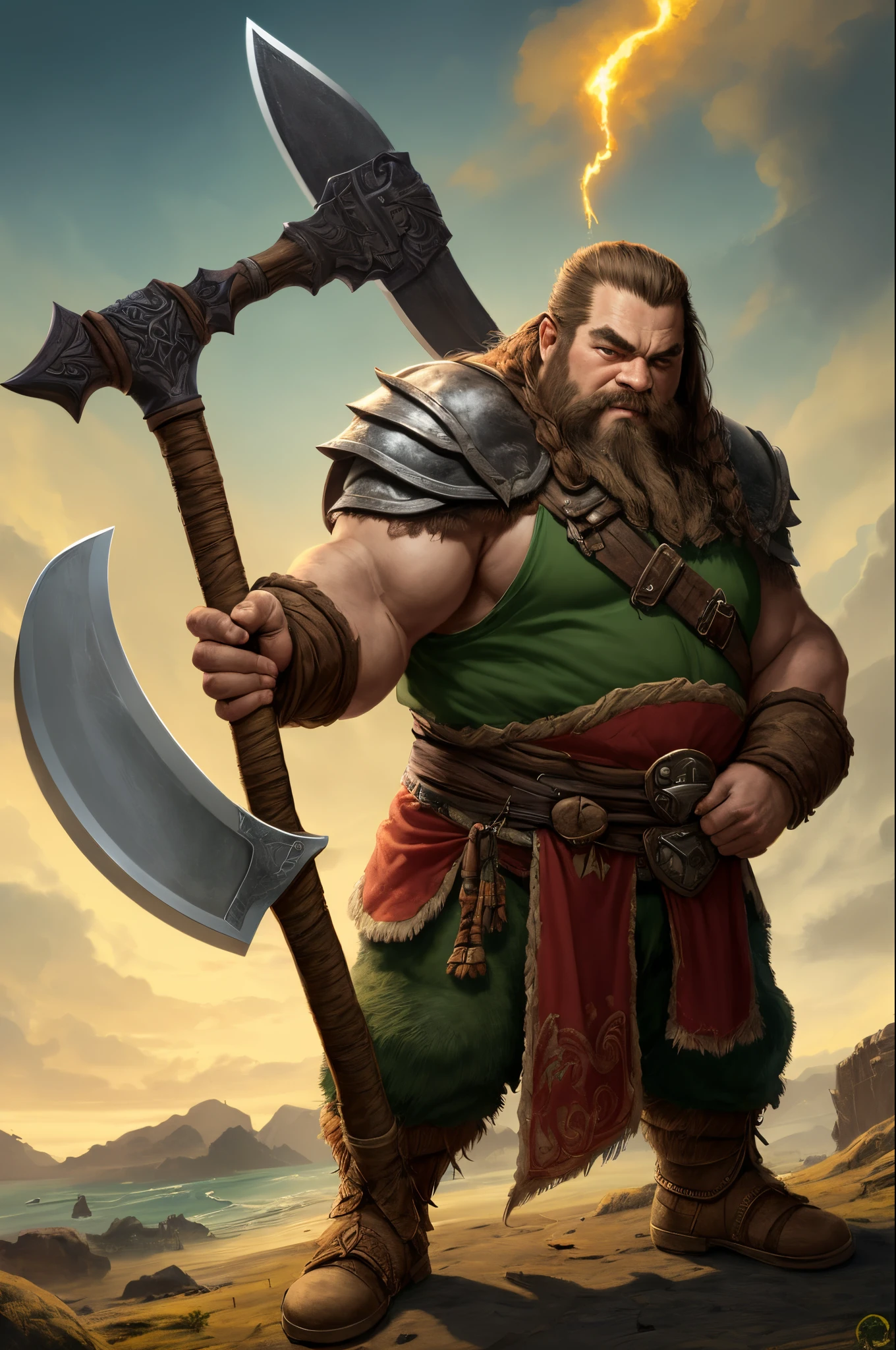 dwarf, gordo, forte, cabelos ruivo, olhos verde de baixa estatura, barbarian with big ax in hands