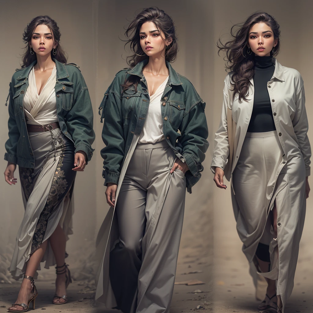Exploring Elegant Confidence: Represente uma figura feminina em uma caminhada confiante e graciosa, dominando a passarela da moda com uma postura imponente e um olhar determinado. Precise details of facial expression and clothing movement are essential."