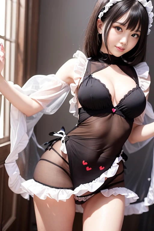 her clothes are transparent、Her breasts are very large、(((Heart mark to hide areola))、She wears a thin apron with small frills that hide her crotch.、She is wearing a small transparent ruffled curtain that hides her breasts。。、Torn clothing、A slight smil