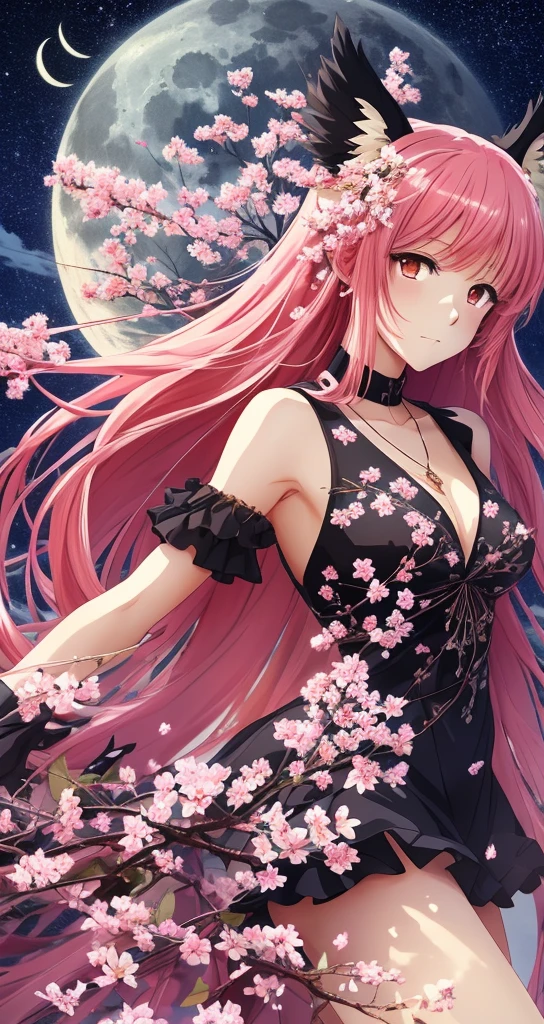 (Masterpiece, the anime, Best Quality: 1.2), 1 girl fox, 独奏, anime art, magical circle, red hair, Long hair, finely detailed eyes, serious expression, the sweat, ruffled dress, Purple color scheme, highheels, white gloves, Necklace in the shape of a heart, diadem, flying birds, woods, Black Angel Wings, sakura trees, moon light, seeping through the leaves, Fallen leaves, bush, Cherry blossoms,  flying flowers, rivers, bridge, Night clouds, Starry sky, windy, rustling leaves, Anime style --auto --s2