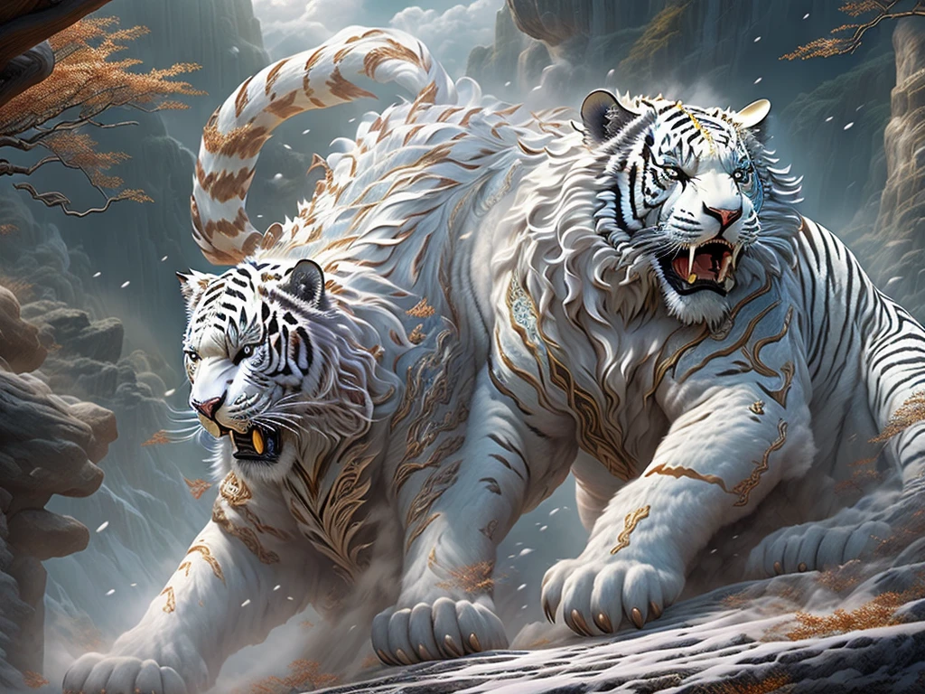 (Best quality at best,tmasterpiece, iintricate,hyper-detailing，Extremely detailed CG unified wallpaper) , dahuangdongjing，A mythical beast in Chinese mythology(the white tiger),White tiger resembles a huge white tiger，Huge and powerful。It has a majestic body and sharp claws，The whole body is covered with fur as white as snow，White tigers usually have a pair of short horns on their heads，And both eyes radiate light like lightning，Surrounded by lightning，Surrounded by white clouds，dreamland wonderland、Genting Heavenly Palace，，The mountain is very steep，strange rocks，Fantastical，Ogre、square、Riding，Faraway view，(Best quality at best,tmasterpiece, iintricate,hyper-detailing，RAW photogr,8K，hyper HD,超高分辨率,Realisticstyle,A cinematic scene, Focus sharp,dramatic lights,Extremely detailed CG unified wallpaper，Chinese color，The colors are bright，bright，Traditional Chinese elements，（（Ancient murals）），Illustrative myths，Fuyao Legend，Dappled light，Hazy haze，Mystic aura，tmasterpiece，k hd，plethora of colors，detailed detail，Seven colors)