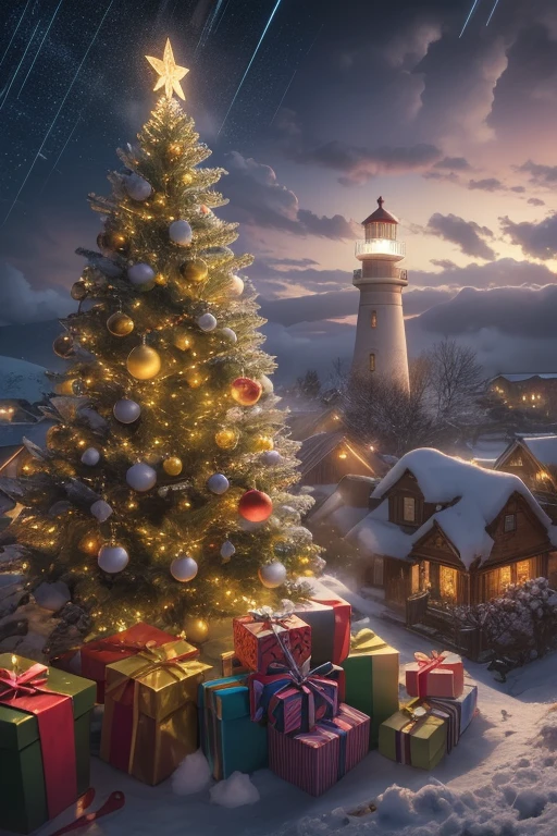 "A highly detailed and intense depiction of a terrifying full-body-shot and dramatically captured in ultra-detailed 8k wallpaper, showcasing intricate complexity, HDR, shallow depth of field, backlights, bloom, light sparkles, Chromatic aberration." Snowed christmas tree full of gifts, lighthouse, raining, christmas, a gold star falling in the sky
