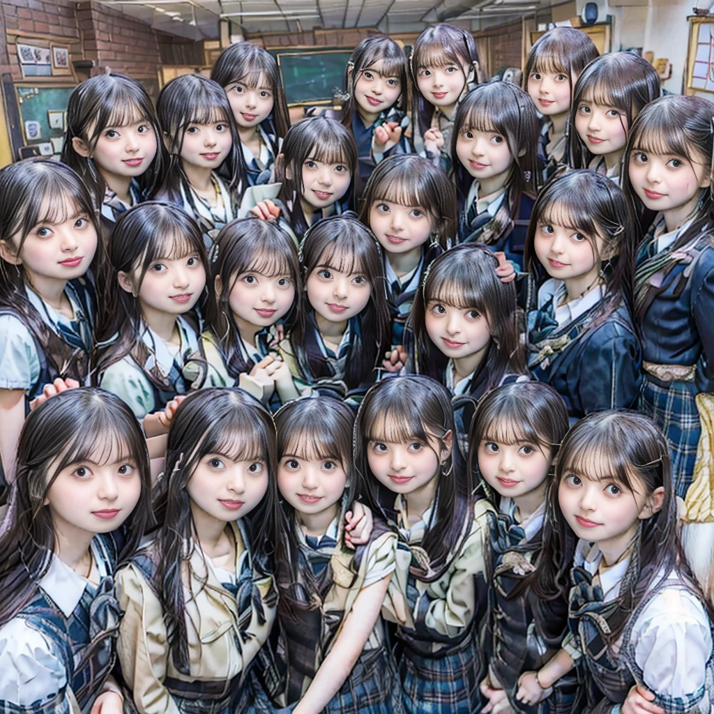 a picture、(((multiple girls))),((((6+girls))))、((10 girls))、The same face、matching school uniform、************、Long black hair、10 cute girls、((((Gigantic Breasts))))、a smile、selfee、‎Classroom、Raw photo、same person、Doppelganger、(group portraits)、a ****** high school student