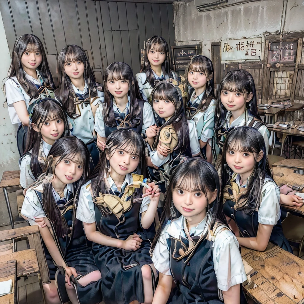 a picture、(((multiple girls))),((((6+girls))))、((10 girls))、The same face、matching school uniform、************、Long black hair、10 cute girls、((((Gigantic Breasts))))、a smile、selfee、‎Classroom、Raw photo、same person、Doppelganger、(group portraits)、a junior high school student