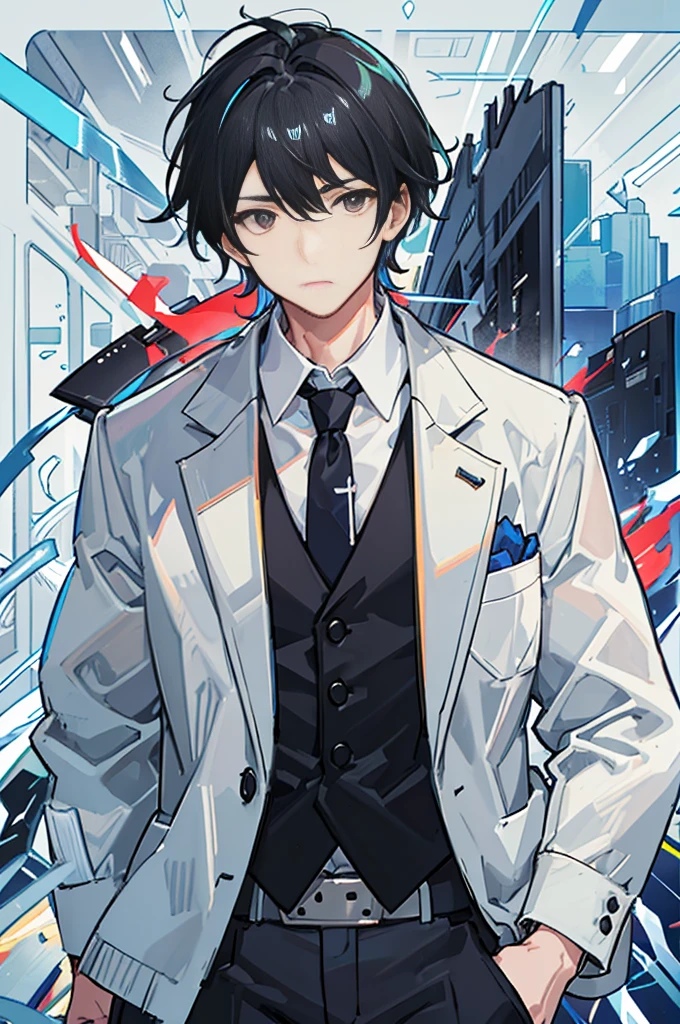 Man in a jacket, wear a tie and dress pants、has a weapon in both hands, 1boy, Male Focus, Solo, Black hair, multicolored hair, White hair, White background, neck tie,Simple background, Pants, Standing、The upper part of the body