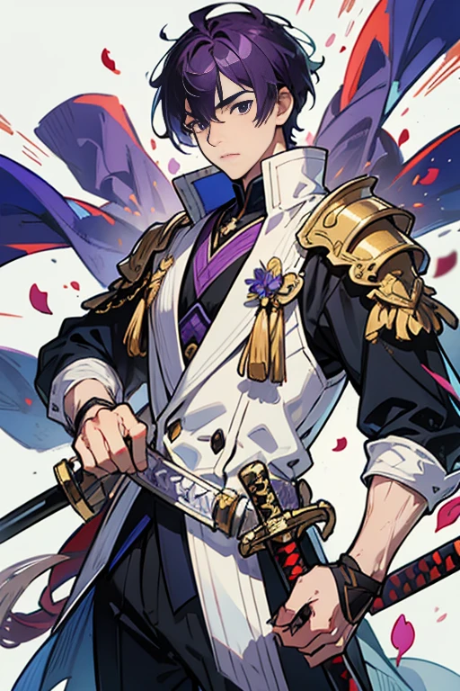 Holding a long sword in one hand、A man with a sword in his other hand, arma, 1boy, Male Focus, Solo, Sword, scabbard, White background, Purple hair, flower petals