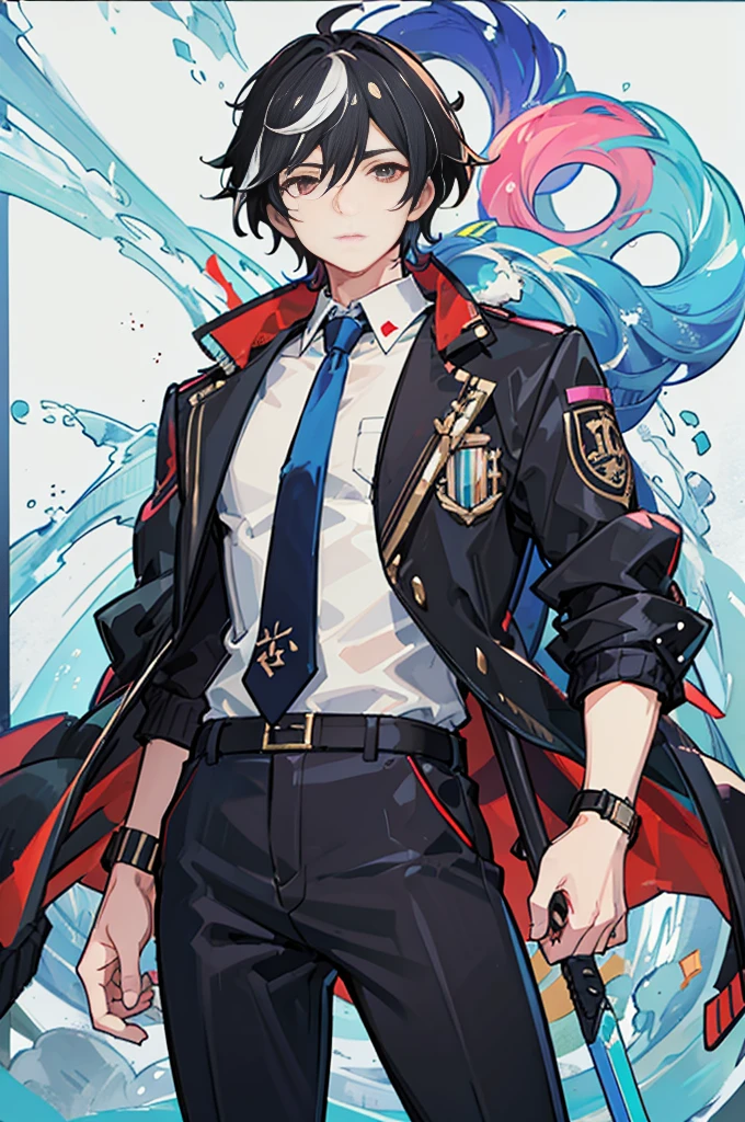Man in a jacket, wear a tie and dress pants、has a weapon in both hands, 1boy, Male Focus, Solo, Black hair, multicolored hair, White hair, White background, neck tie,Simple background, Pants, Standing