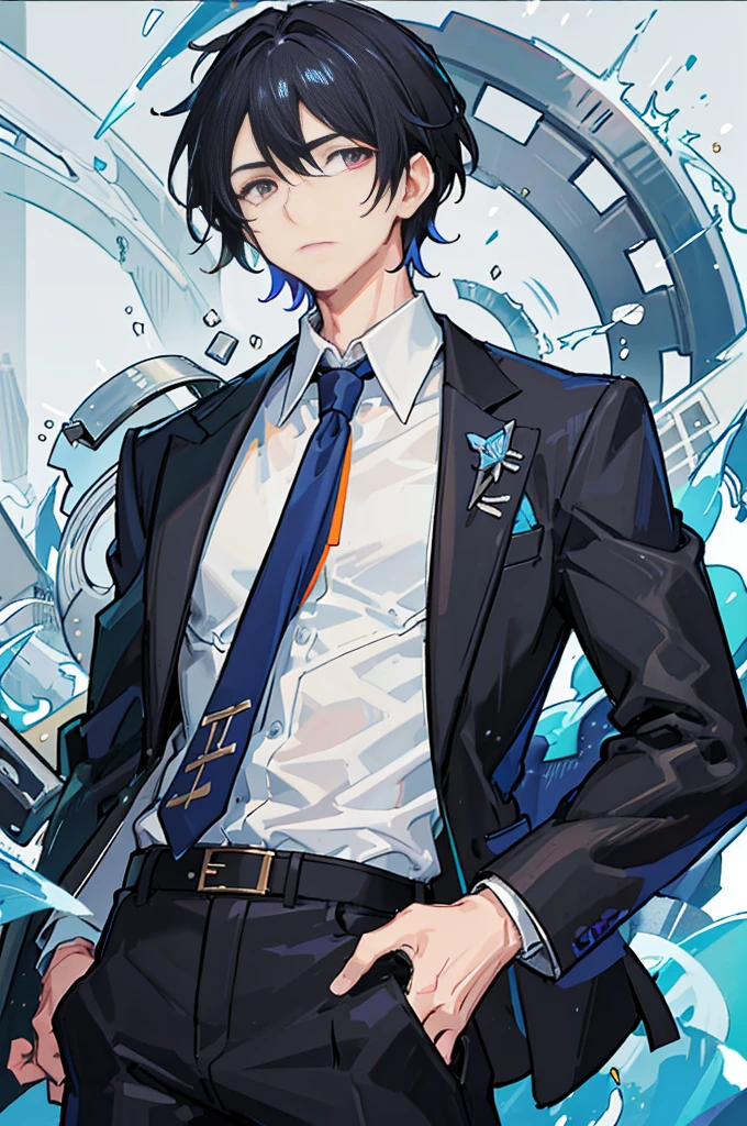 Man in a jacket, wear a tie and dress pants、has a weapon in both hands, 1boy, Male Focus, Solo, Black hair, multicolored hair, White hair, White background, neck tie,Simple background, Pants, Standing