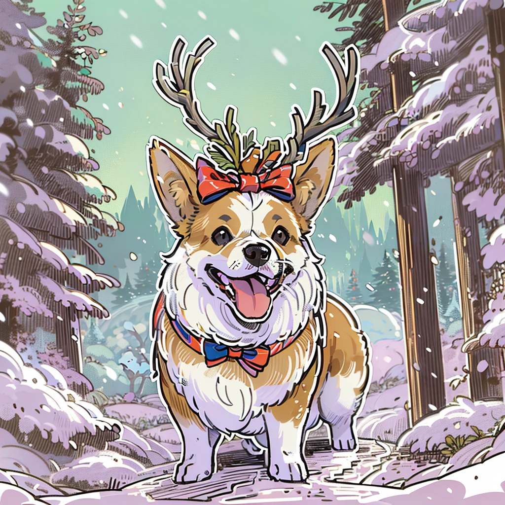 "Cute corgi smiling wearing reindeer hat and bow tie, snow behind pine trees, Merry Christmas style, hyper-high detail, (((white backgrounid))), cartoonish style, Vector graphics, high qulity, 12k, solidcolor, a gorgeous, 6 warm colors, sticker design, Professional t-shirt design, Vector t-shirt art ready to print, (tmasterpiece, Best quality at best, A high resolution:1.4)"