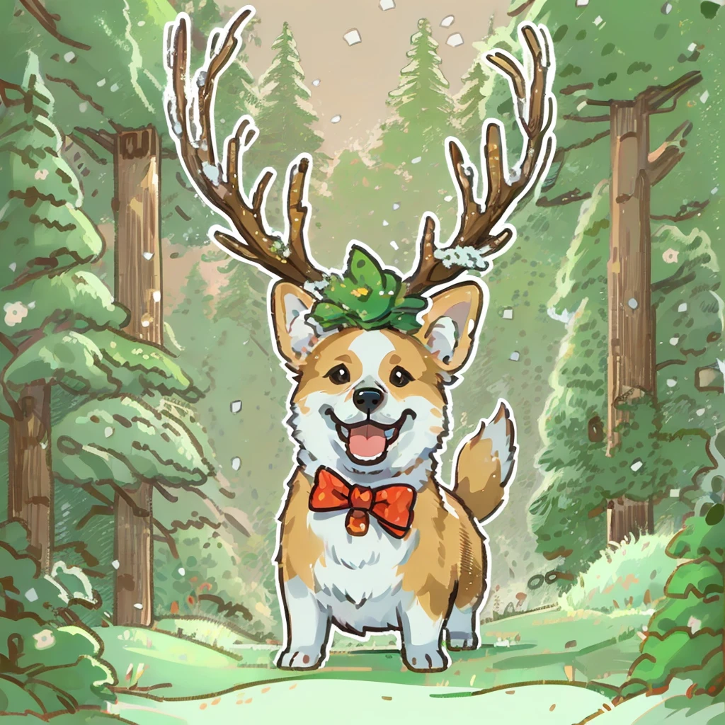 "Cute corgi smiling wearing reindeer hat and bow tie, snow behind pine trees, Merry Christmas style, hyper-high detail, (((white backgrounid))), cartoonish style, Vector graphics, high qulity, 12k, solidcolor, a gorgeous, 6 warm colors, sticker design, Professional t-shirt design, Vector t-shirt art ready to print, (tmasterpiece, Best quality at best, A high resolution:1.4)"