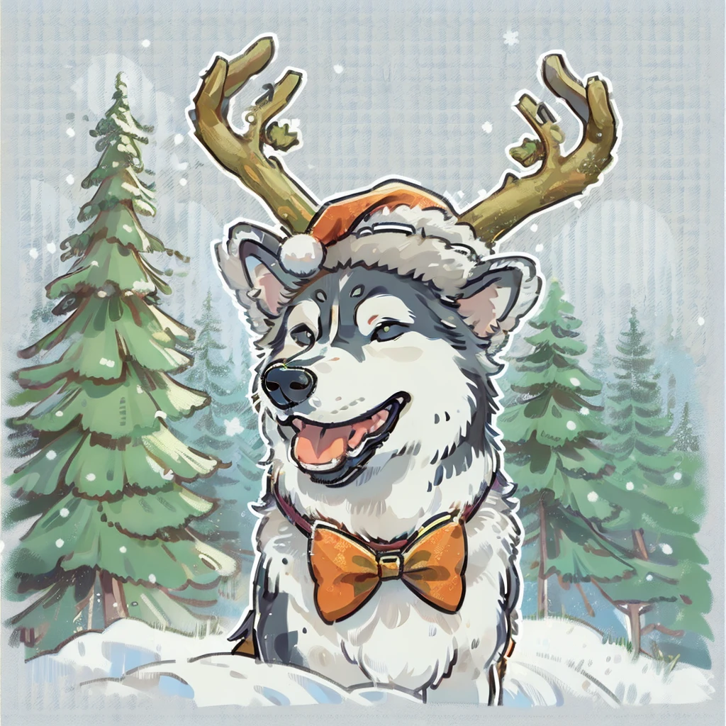 "Cute husky dog smiling wearing reindeer hat and bow tie, snow behind pine trees, Merry Christmas style, hyper-high detail, (((white backgrounid))), cartoonish style, Vector graphics, high high quality, 12k, solidcolor, A gorgeous one, 6 warm colors, sticker design, Professional t-shirt design, Vector t-shirt art ready for print, (tmasterpiece, Best quality, A high resolution:1.4)"