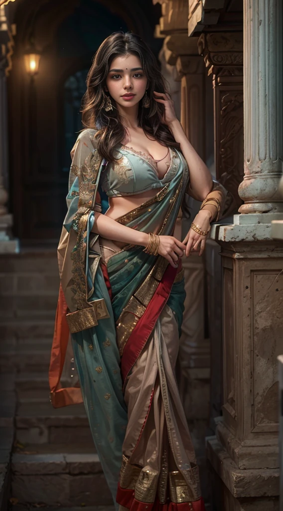 walking in a moonlit courtyard, exotic girl, indian, looking at the viewer, shining skin, perfect lighting, the embodiment of grace and elegance, (saree and bra), (Big Tits:1.5), cleavage, clear curvy details, beautiful curves, detailed eyes, detailed pupil, volumetric lighting, Ultra Detailed, unity 8k wallpaper, ultra detailed, aesthetic, masterpiece, best quality, photorealistic, modern girl, different background in every photo