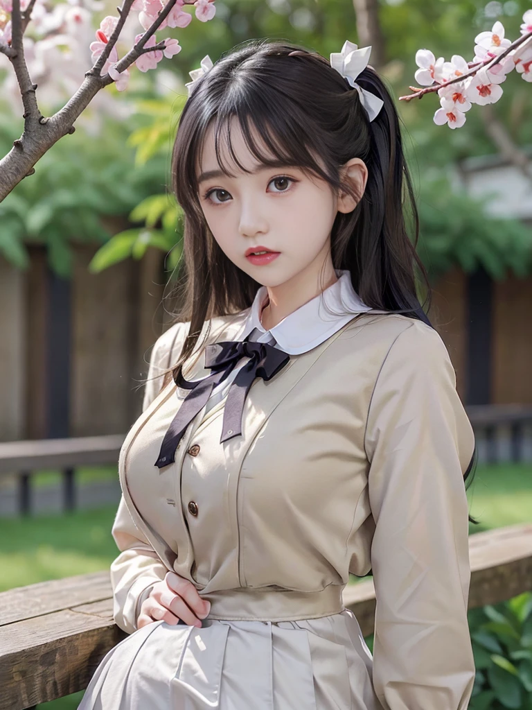 Original image quality、8K分辨率、Ultra HD CG images、autumn leaves at night🍁、rays of moonlight、Beautiful girl of 16 years old、Delicate and beautiful eyes。(Double ponytailed black hair:1.4), (White ribbon to hold hair in place:1.4), (Platinum silver accessories:1.4)、(White school uniform:1.4)、(big chest and thin waist)、(a purple eye:1.3), (Radiant Eyes)、Colossal tits、thin flag、depth of fields、On the table、hoang lap、24K graphic arts、Well-drawn background、There is a deep composition、