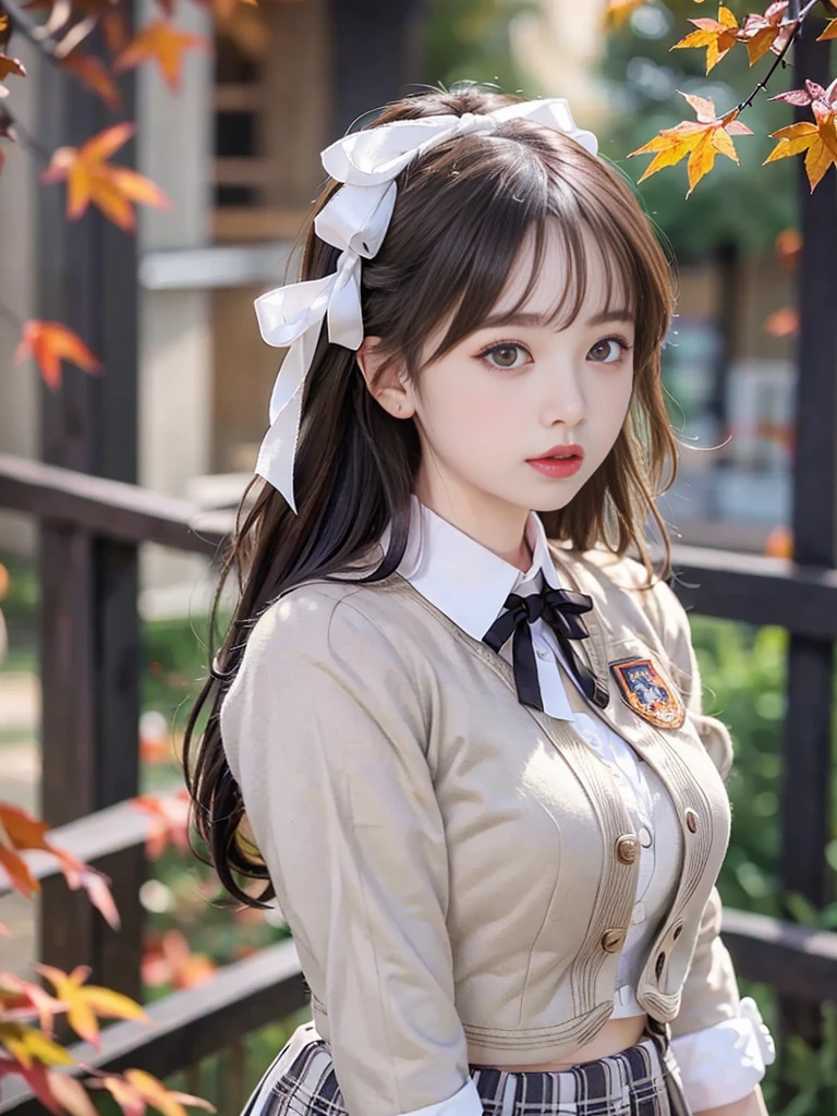 Original image quality、8K分辨率、Ultra HD CG images、autumn leaves at night🍁、rays of moonlight、Beautiful girl 、Delicate and beautiful eyes。(Double ponytailed black hair:1.4), (White ribbon to hold hair in place:1.4), (Platinum silver accessories:1.4)、(White school uniform:1.4)、(big chest and thin waist)、(a purple eye:1.3), (Radiant Eyes)、Colossal tits、thin flag、depth of fields、On the table、hoang lap、24K graphic arts、Well-drawn background、There is a deep composition、