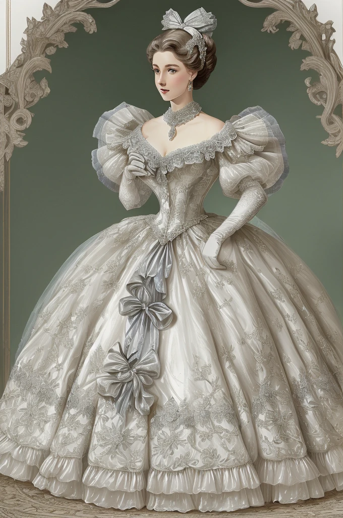 Fairytale Illustration, A Stately and Elaborate Royal Victorian Court Dress of silver damask adorned with (((bows))), poufs, ruffles, frills, lace, (((embroidery))), and jewels,, with (((enormous puffed sleeves))), an hourglass waist, and a (((huge crinoline hoopskirt))) long white gloves, pearl necklace and earrings