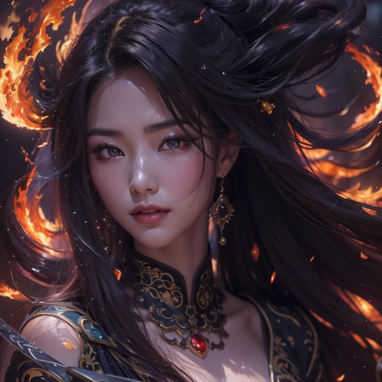 A woman with long hair and a black dress stands in front of the fire, flames surround her,she has fire powers, epic fantasy digital art style, Dreamy and gorgeous lights, Digital fantasy art, Digital 2D Fantasy Art,ancient chinese fantasy,Forty-five degree angle view,sheer transparency,Woman holding sword in hand,There is a totem on the sword,cold steel sword,Panorama ultra-wide angle,Woman smiling charmingly,The texture of the real person is delicate,strong visual impact,hyper-detailing,Delicate face girl,pretty eyes,Eyes purple with starlight,Big eyes,long eyelasher,hair floating in the air,Ancient Chinese long hair hairstyle,Redlip, Cherry version,crystal-clear,Good sense of perspective,Surface reflected light,flowing dark hair,The is very detailed,Delicate,surrealism painting,Black flame entanglement,The flame of ink feeling,Close-up of the picture,closeup of face,China 1 girl,Rouge skin,Glowing skin,delicated face,black color hair,Put on a fantasy and gorgeous black robe,Off-the-shoulder ancient Chinese robe,Ancient Chinese long dress,Big breasts are beautiful,delicate body,looks into camera,45 degree angle portrait close-up,Half-length portrait,Close-up of people,Close-up of upper body hea background,Background Black,background whites,Background black white ink feeling,Delicate lubrication,high light,Plain background,Splashed ink background。