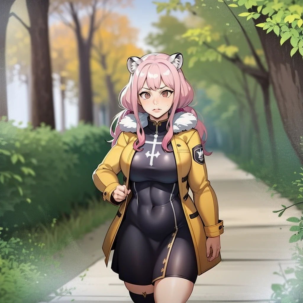 , tiger ears, tiger tails, martial art, medium chest, pink hair, skirt, jacket, godess,1girl,coat,walking, solo focus.1character, holy catholic mountain,