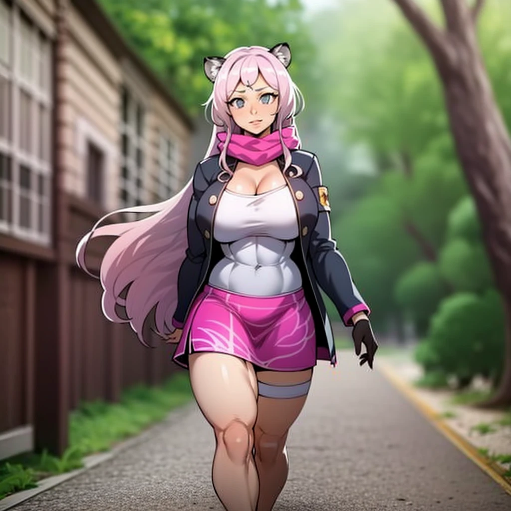 little girl, tiger ears, tiger tails, martial art, medium chest, pink hair, skirt, jacket, godess,1girl,coat,walking, solo focus.1character, holy catholic mountain,huge breast, curvy