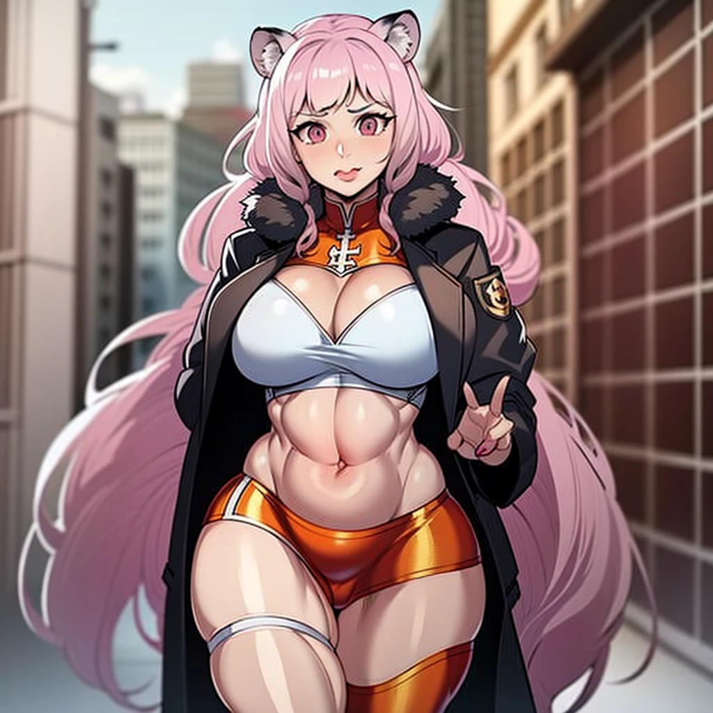 , tiger ears, tiger tails, martial art, medium chest, pink hair, skirt, jacket, godess,1girl,coat,walking, solo focus.1character, holy catholic mountain,huge breast, curvy