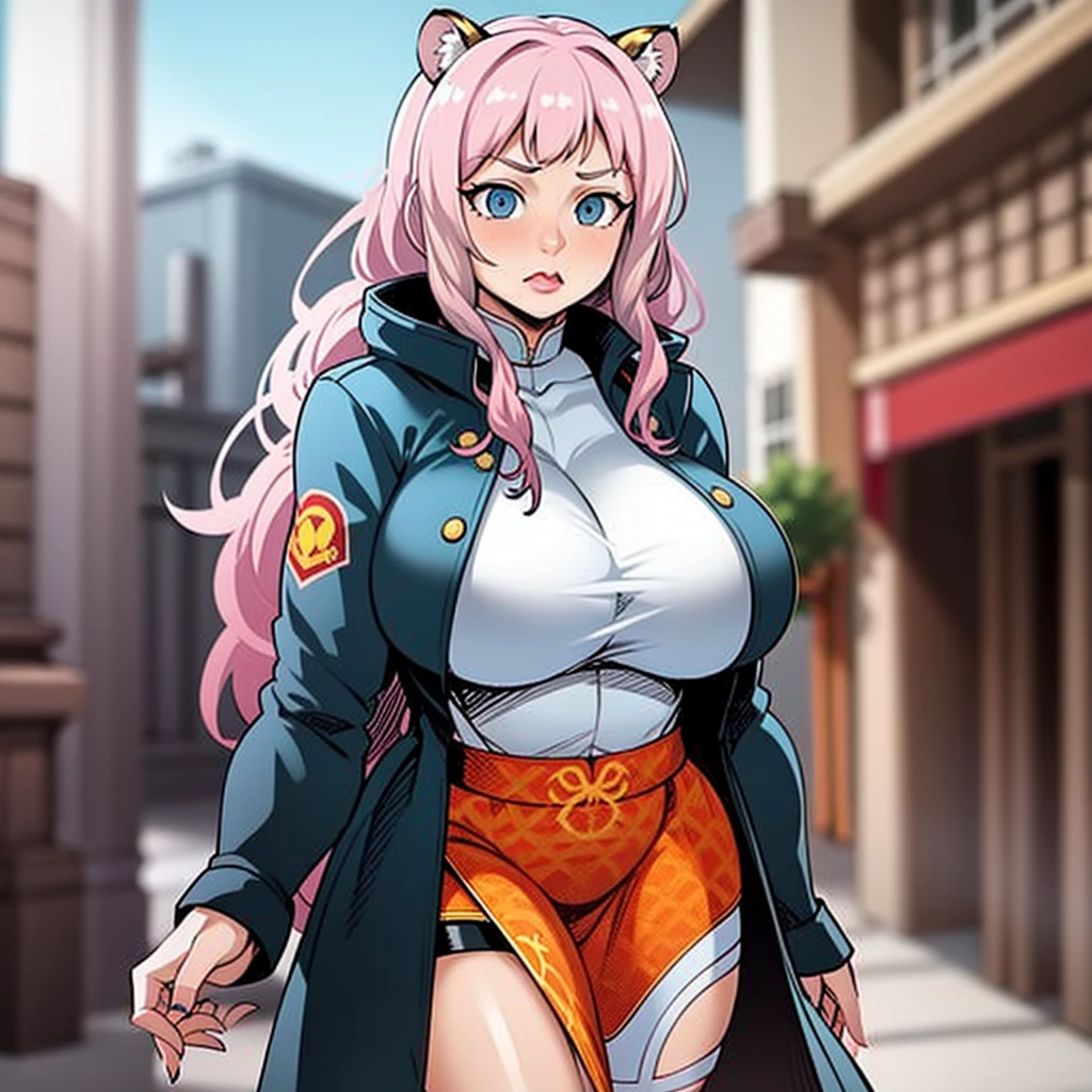 little girl, tiger ears, tiger tails, martial art, medium chest, pink hair, skirt, jacket, godess,1girl,coat,walking, solo focus.1character, holy catholic mountain,huge breast, curvy