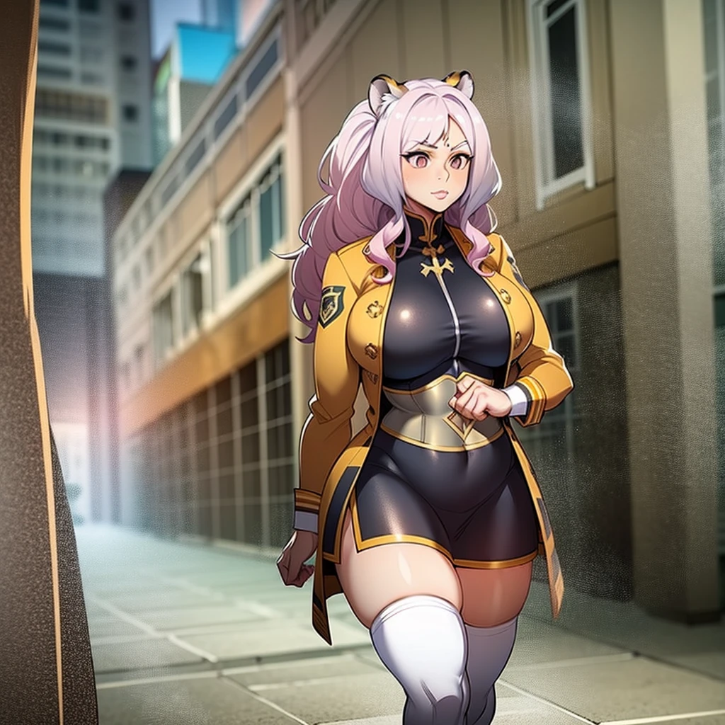 , tiger ears, tiger tails, martial art, medium chest, pink hair, skirt, jacket, godess,1girl,coat,walking, solo focus.1character, holy catholic mountain,huge breast, curvy