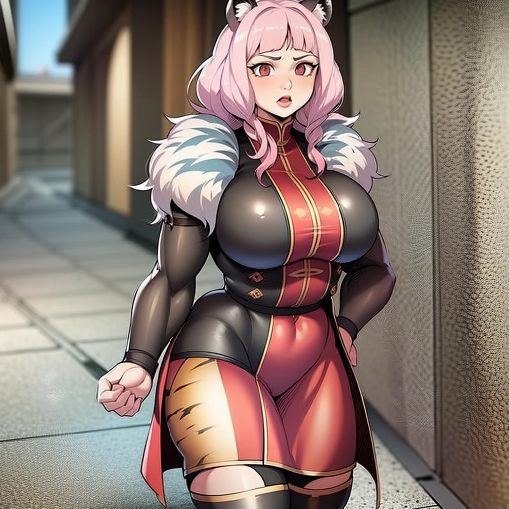 , tiger ears, tiger tails, martial art, medium chest, pink hair, skirt, jacket, godess,1girl,coat,walking, solo focus.1character, holy catholic mountain,huge breast, curvy