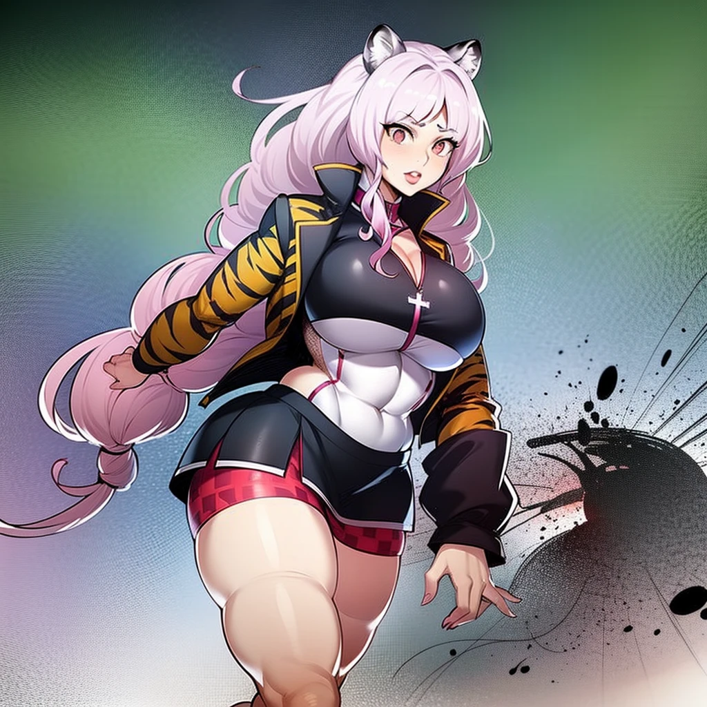 little girl, tiger ears, tiger tails, martial art, medium chest, pink hair, skirt, jacket, godess,1girl,coat,walking, solo focus.1character, holy catholic mountain,huge breast, curvy