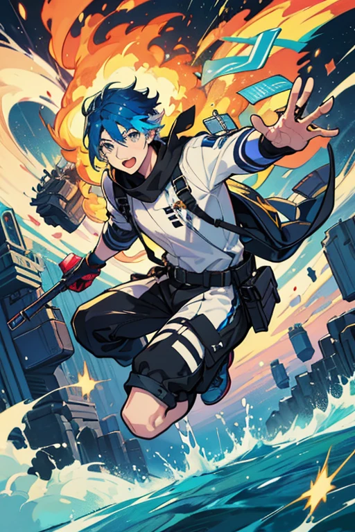 Colorful artistic depiction of a man jumping over an exploding object, Against the background of futuristic ships, 1boy, Male Focus, Holding, Blue hair, arma, Solo, multicolored hair, holding weapon, Open mouth