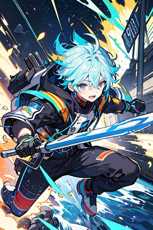 Colorful artistic depiction of a man jumping over an exploding object, Against the background of futuristic ships, 1boy, Male Focus, Holding, Blue hair, arma, Solo, multicolored hair, holding weapon, Open mouth