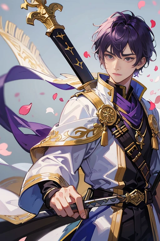 Holding a long sword in one hand、A man with a sword in his other hand, arma, 1boy, Male Focus, Solo, Sword, scabbard, White background, Purple hair, flower petals
